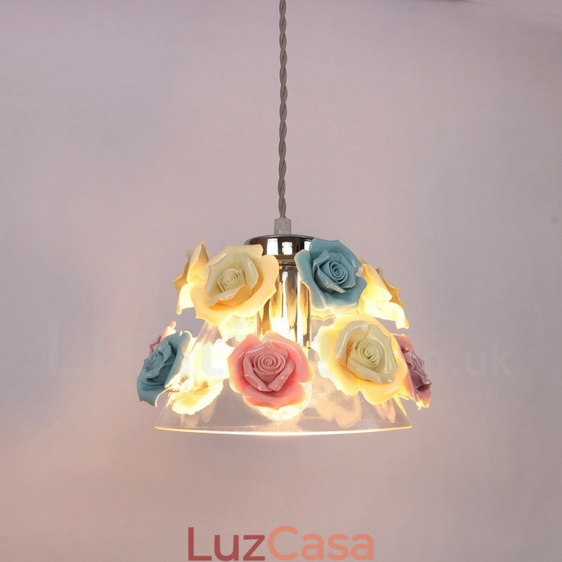 Luminária pendente de teto com flores de macaron multicoloridas e abajur de vidro