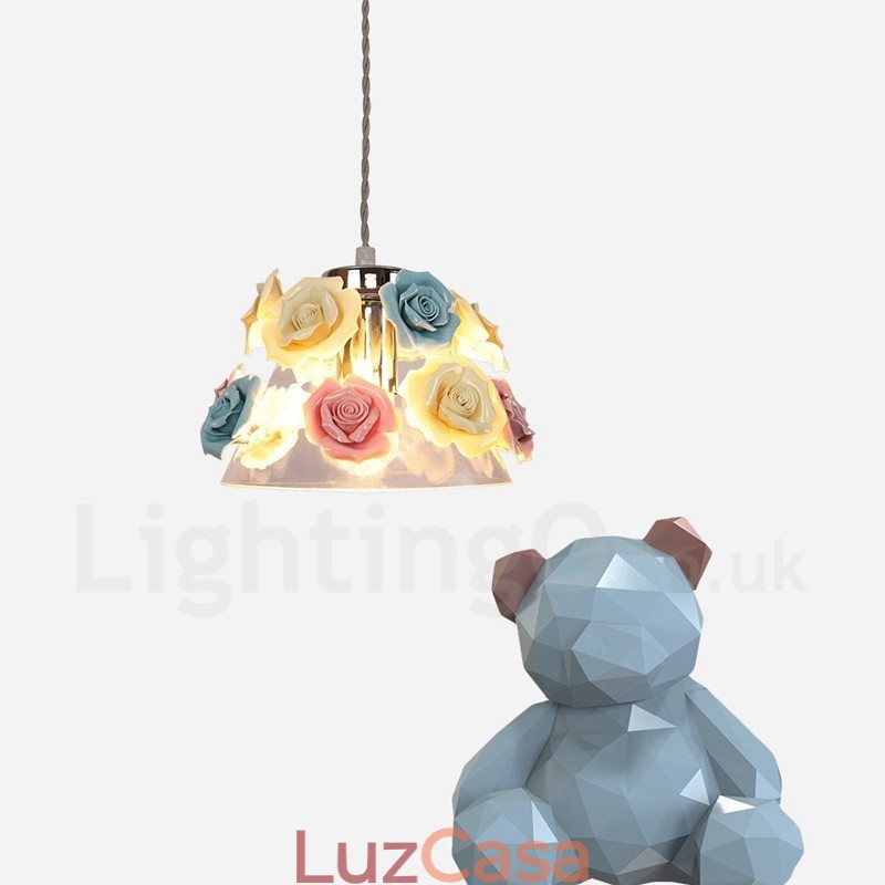 Luminária pendente de teto com flores de macaron multicoloridas e abajur de vidro