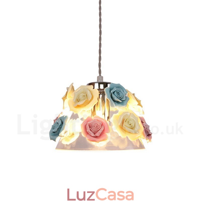 Luminária pendente de teto com flores de macaron multicoloridas e abajur de vidro
