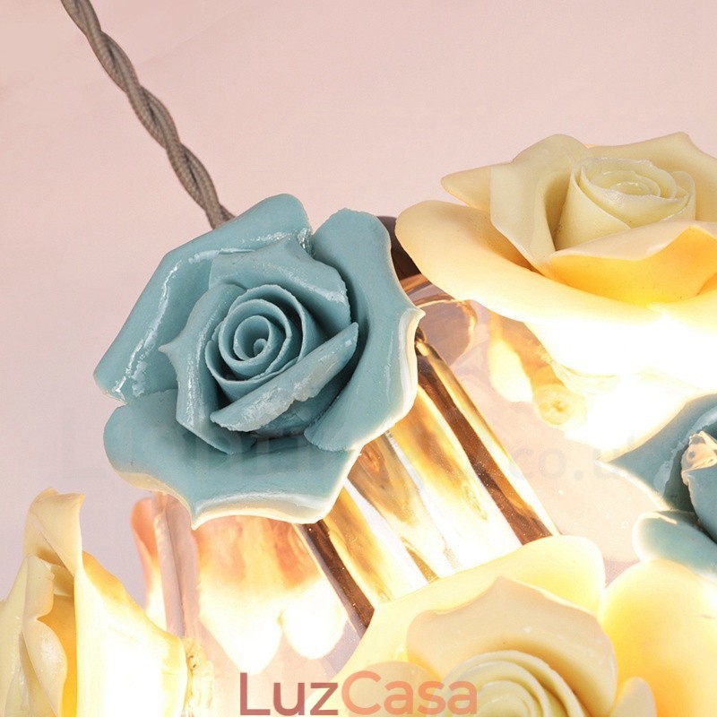 Luminária pendente de teto com flores de macaron multicoloridas e abajur de vidro