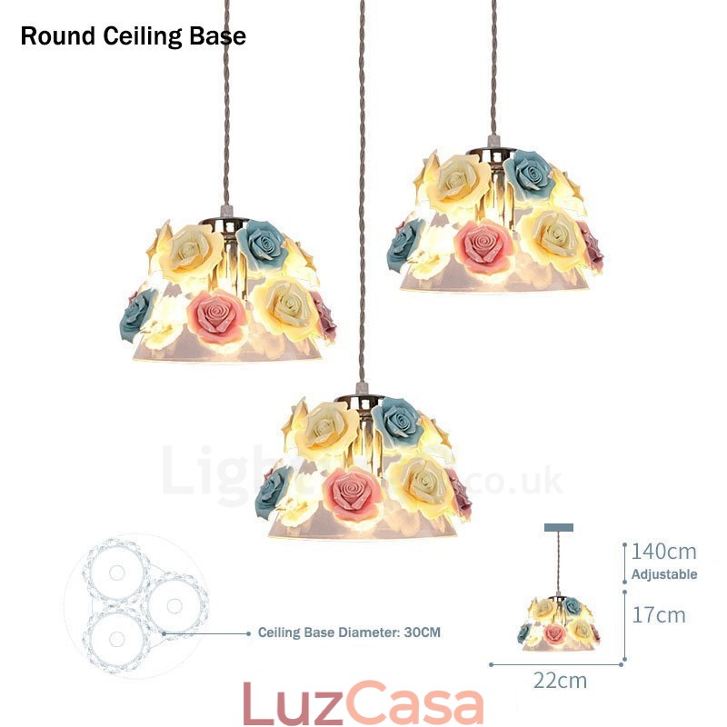 Luminária pendente de teto com flores de macaron multicoloridas e abajur de vidro