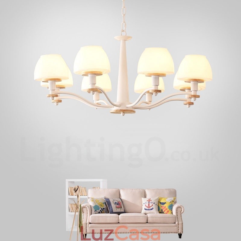 6 Luzes 8 Luzes Multi Cores Macaron Madeira Pendente Luz com Vidro Tons Lustre Estilo Nórdico