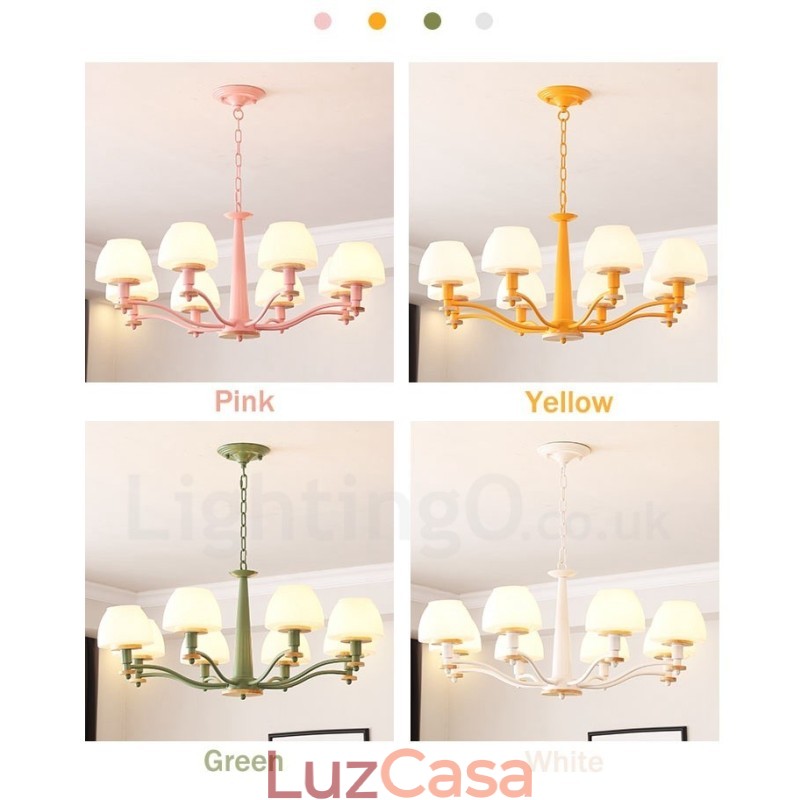 6 Luzes 8 Luzes Multi Cores Macaron Madeira Pendente Luz com Vidro Tons Lustre Estilo Nórdico