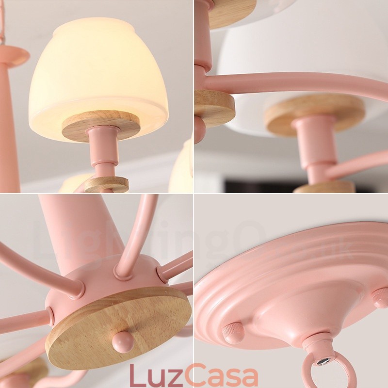 6 Luzes 8 Luzes Multi Cores Macaron Madeira Pendente Luz com Vidro Tons Lustre Estilo Nórdico
