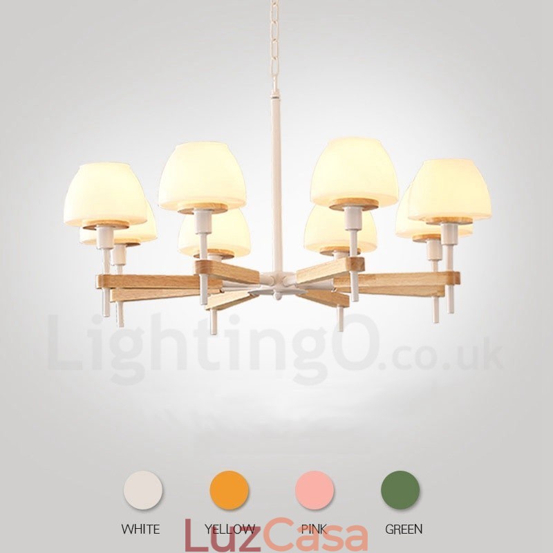 6 Luzes 8 Luzes Multi Cores Macaron Madeira Pendente Luz com Vidro Tons Lustre Estilo Nórdico