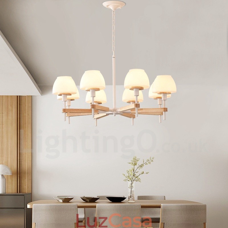 6 Luzes 8 Luzes Multi Cores Macaron Madeira Pendente Luz com Vidro Tons Lustre Estilo Nórdico