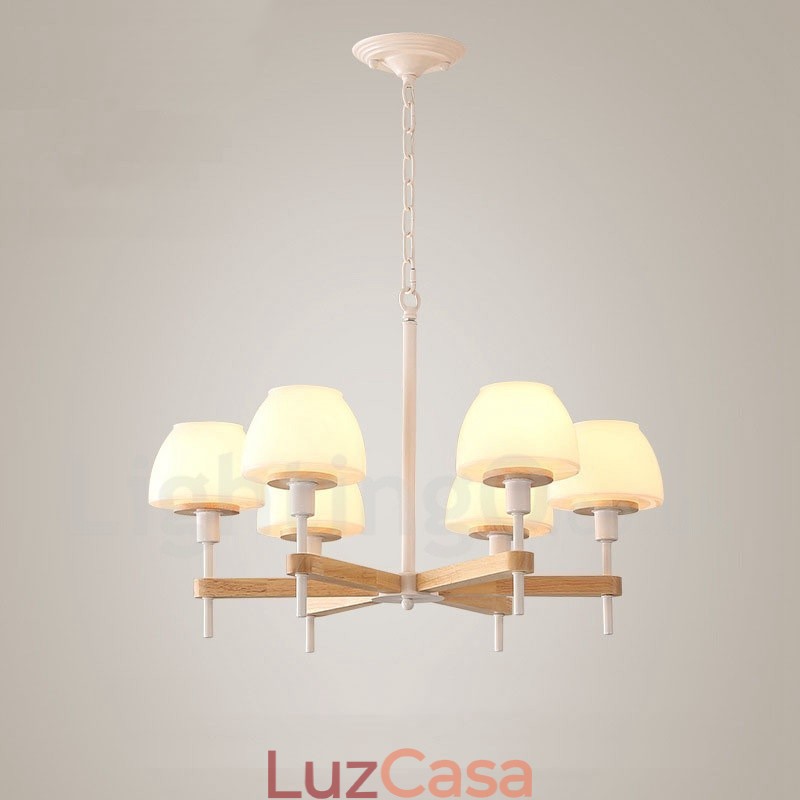 6 Luzes 8 Luzes Multi Cores Macaron Madeira Pendente Luz com Vidro Tons Lustre Estilo Nórdico