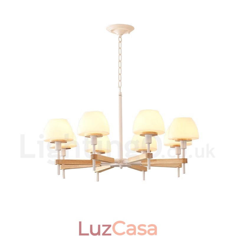 6 Luzes 8 Luzes Multi Cores Macaron Madeira Pendente Luz com Vidro Tons Lustre Estilo Nórdico