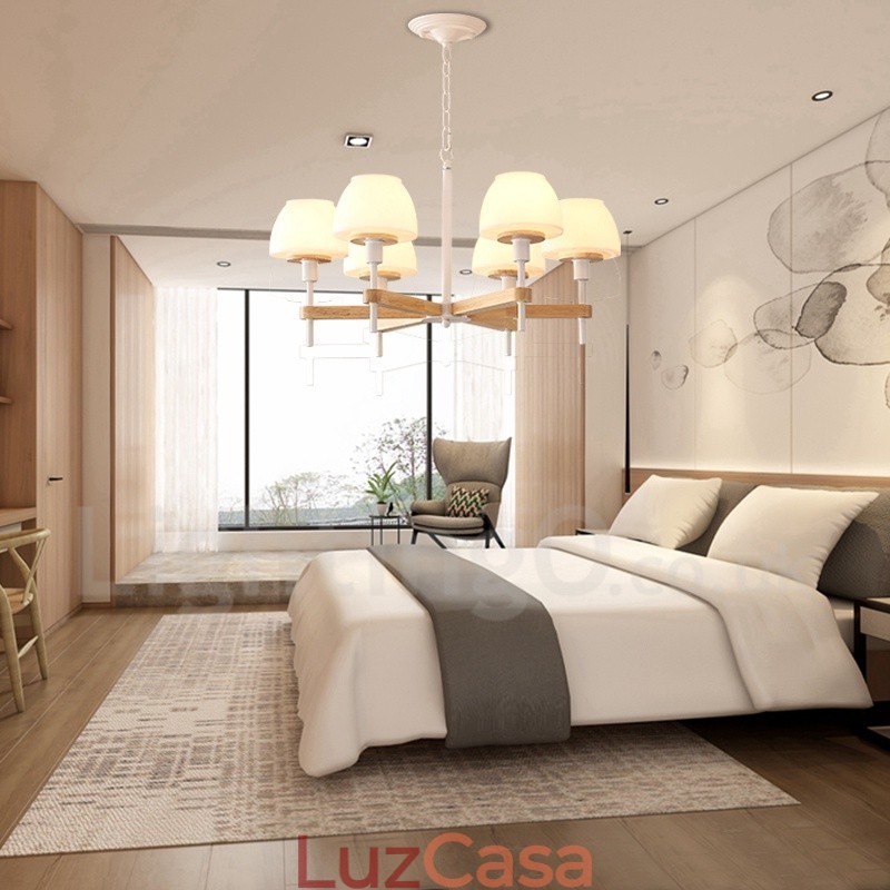 6 Luzes 8 Luzes Multi Cores Macaron Madeira Pendente Luz com Vidro Tons Lustre Estilo Nórdico