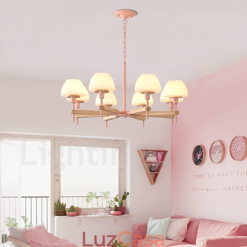 6 Luzes 8 Luzes Multi Cores Macaron Madeira Pendente Luz com Vidro Tons Lustre Estilo Nórdico