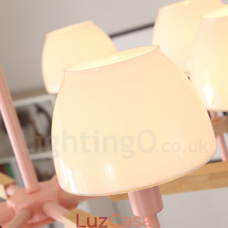 6 Luzes 8 Luzes Multi Cores Macaron Madeira Pendente Luz com Vidro Tons Lustre Estilo Nórdico