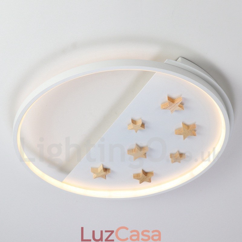 Luminária de teto redonda de madeira com estrelas brancas reguláveis, luminária de teto ultrafina também pode ser usada como luz de parede