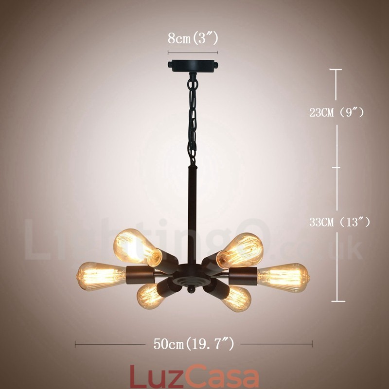 6 Luzes Rústicas Retro Vintage Preto Pendente Design