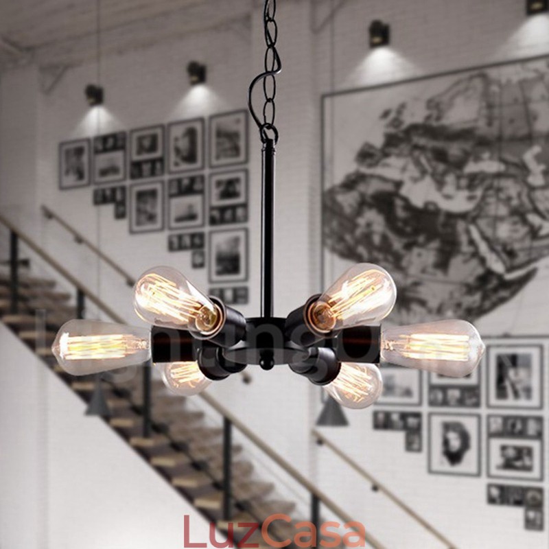 6 Luzes Rústicas Retro Vintage Preto Pendente Design