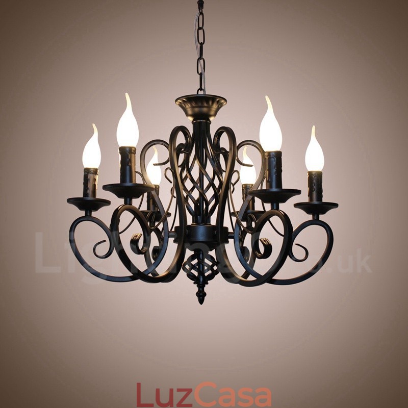 Lustre de vela pendente preto e branco vintage retrô rústico de 6 luzes
