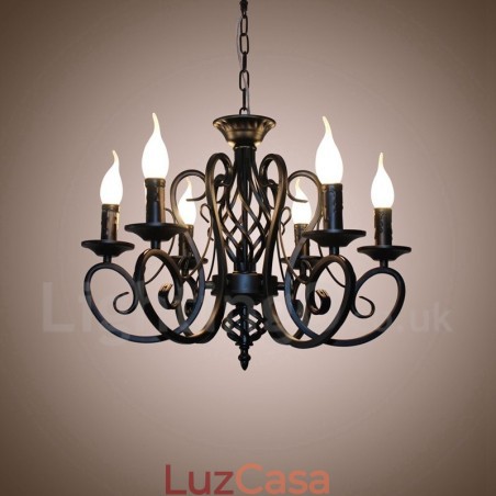 Lustre de vela pendente preto e branco vintage retrô rústico de 6 luzes Lustre de vela pendente preto e branco vintage retrô rústico de 6 luzes