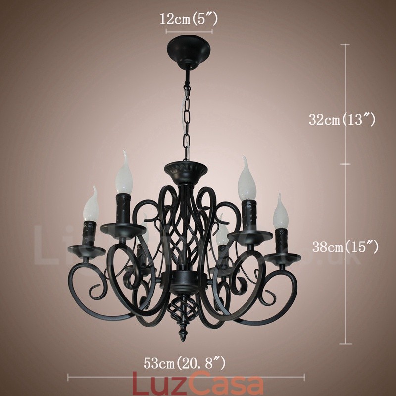 Lustre de vela pendente preto e branco vintage retrô rústico de 6 luzes