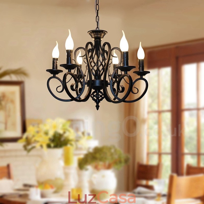 Lustre de vela pendente preto e branco vintage retrô rústico de 6 luzes