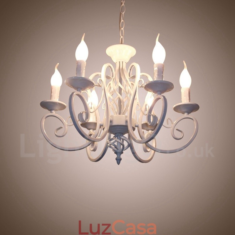 Lustre de vela pendente preto e branco vintage retrô rústico de 6 luzes