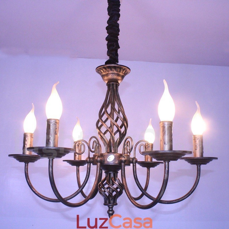 Lustre de vela pendente preto e branco vintage retrô rústico de 6 luzes