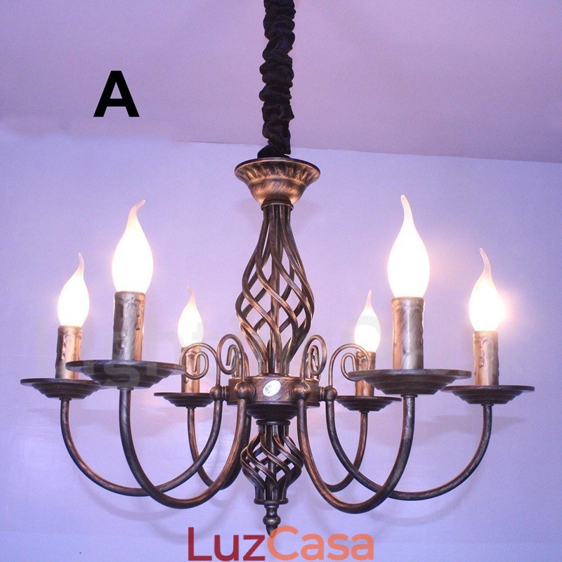 Lustre de vela pendente preto e branco vintage retrô rústico de 6 luzes