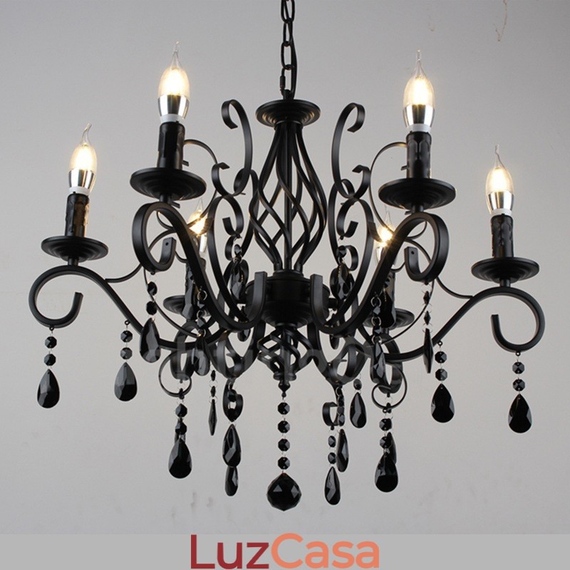 Lustre de cristal rústico retrô vintage preto branco azul com 6 luzes