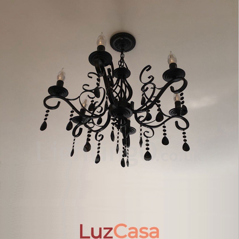 Lustre de cristal rústico retrô vintage preto branco azul com 6 luzes
