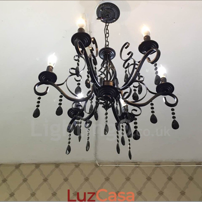Lustre de cristal rústico retrô vintage preto branco azul com 6 luzes