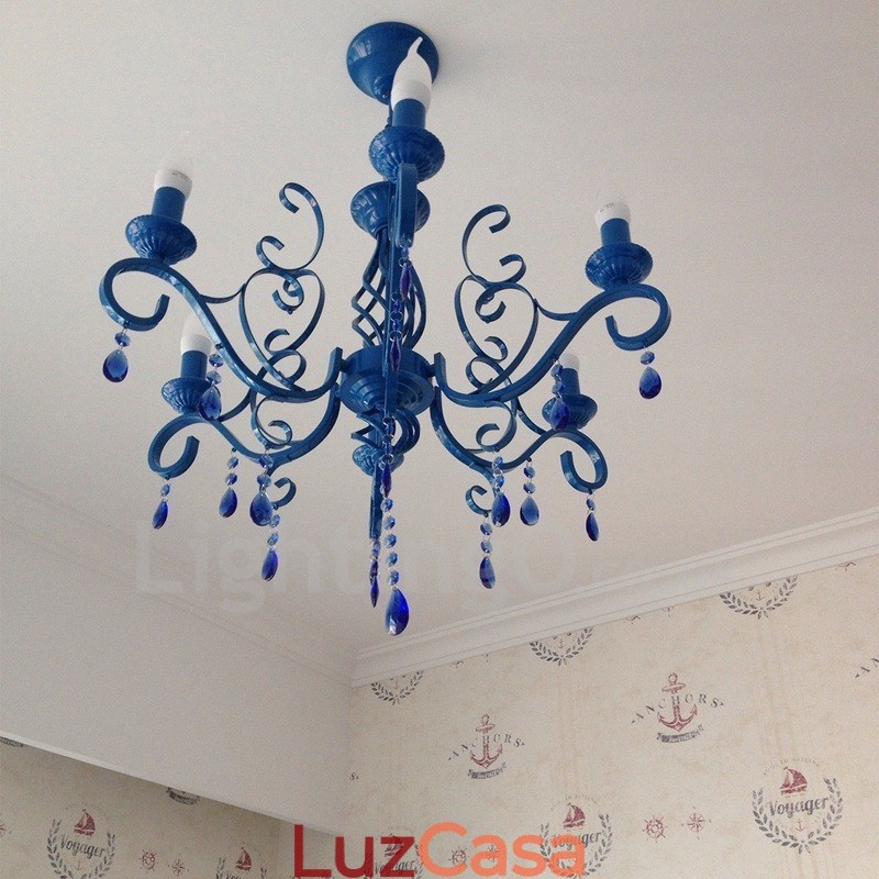 Lustre de cristal rústico retrô vintage preto branco azul com 6 luzes