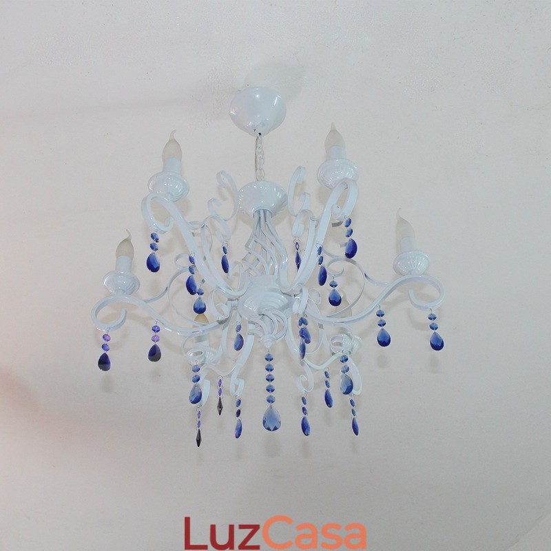 Lustre de cristal rústico retrô vintage preto branco azul com 6 luzes