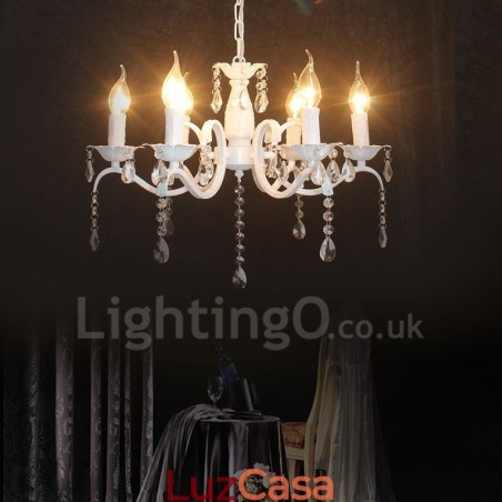 Lustre de vela pendente branco vintage retrô rústico de cristal de 6 luzes Lustre de vela pendente branco vintage retrô rústico de cristal de 6 luzes