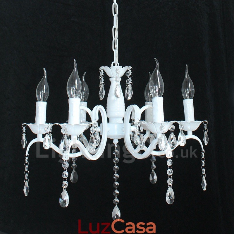 Lustre de vela pendente branco vintage retrô rústico de cristal de 6 luzes