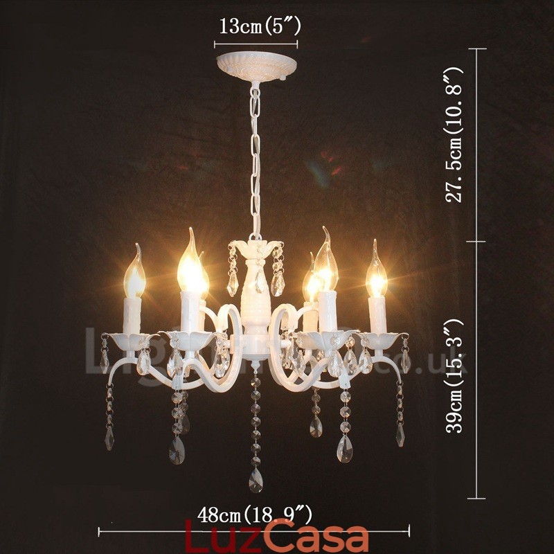 Lustre de vela pendente branco vintage retrô rústico de cristal de 6 luzes