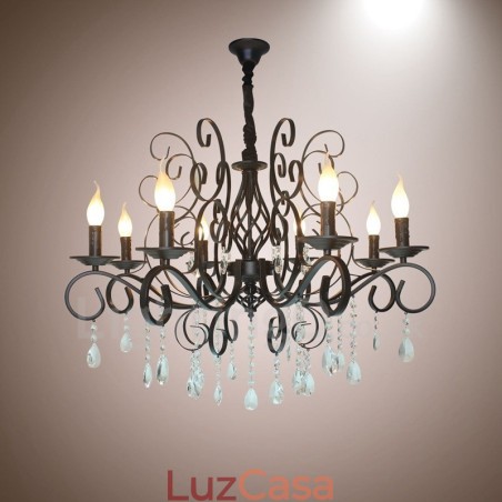 Lustre de vela pendente preto retrô vintage rústico de cristal de 8 luzes Lustre de vela pendente preto retrô vintage rústico de cristal de 8 luzes