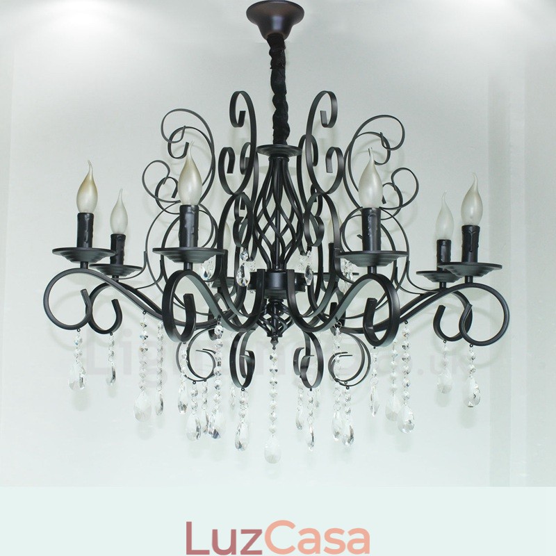 Lustre de vela pendente preto retrô vintage rústico de cristal de 8 luzes