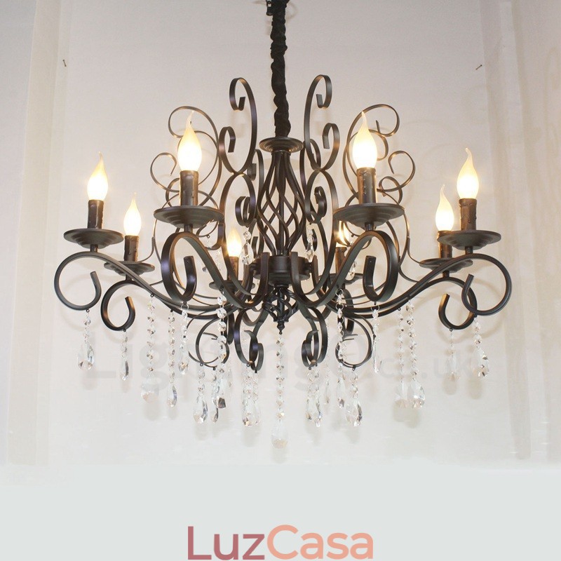 Lustre de vela pendente preto retrô vintage rústico de cristal de 8 luzes