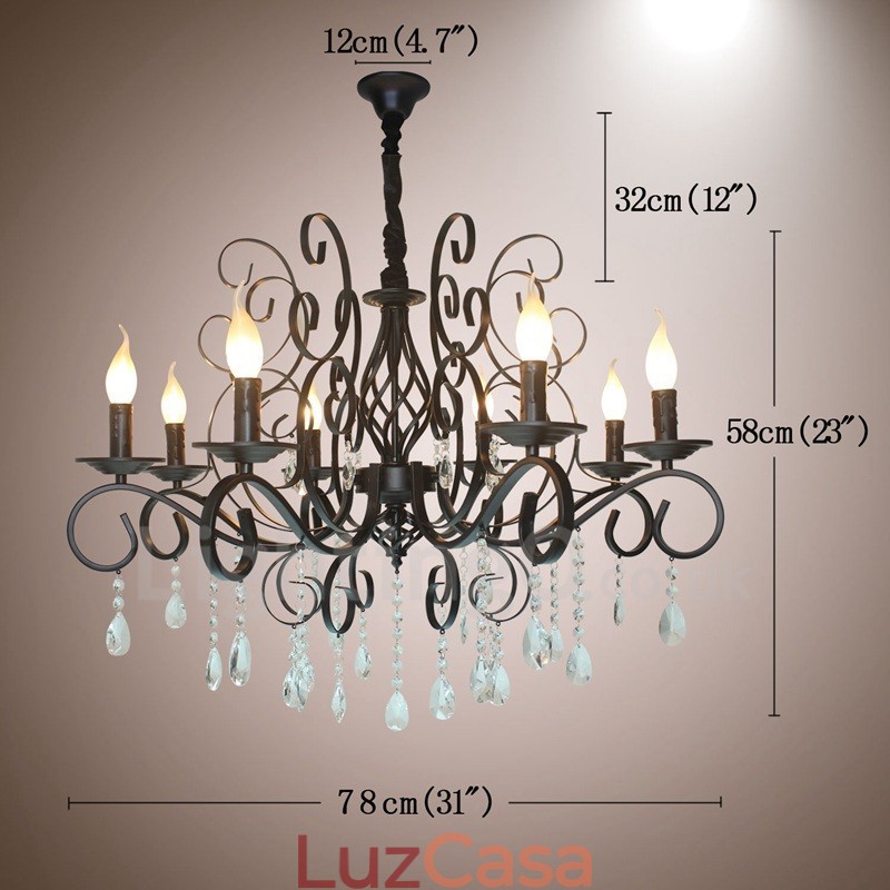 Lustre de vela pendente preto retrô vintage rústico de cristal de 8 luzes