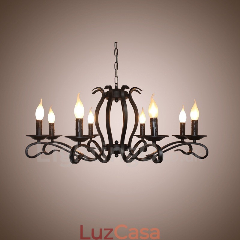 Lustre de vela pendente vintage retrô rústico preto de 8 luzes