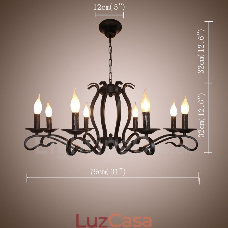 Lustre de vela pendente vintage retrô rústico preto de 8 luzes