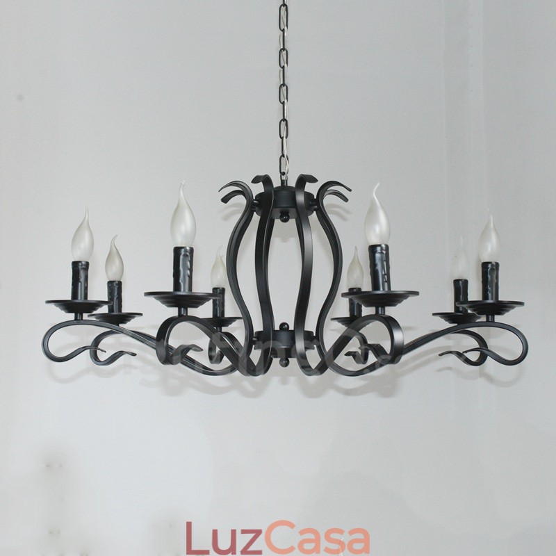 Lustre de vela pendente vintage retrô rústico preto de 8 luzes