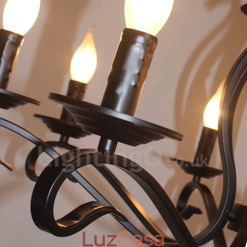 Lustre de vela pendente vintage retrô rústico preto de 8 luzes