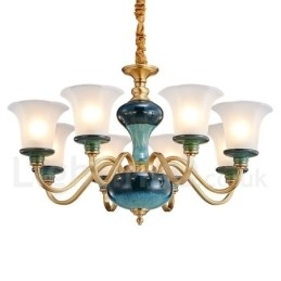 Retro Vintage Latão Cerâmica Pingente Vela Lustre com Tons de Vidro