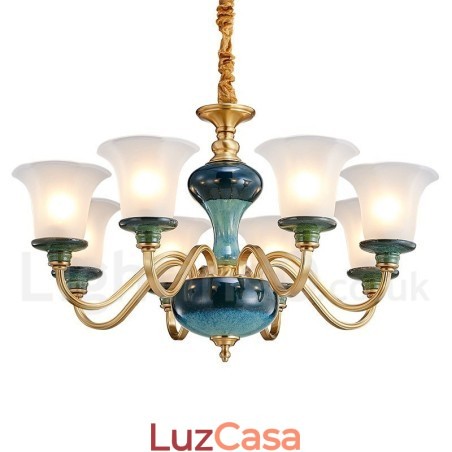 Retro Vintage Latão Cerâmica Pingente Vela Lustre com Tons de Vidro Retro Vintage Latão Cerâmica Pingente Vela Lustre com Tons de Vidro