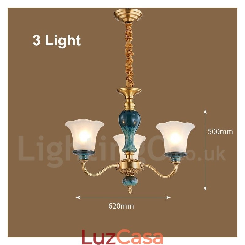 Retro Vintage Latão Cerâmica Pingente Vela Lustre com Tons de Vidro
