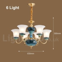 Retro Vintage Latão Cerâmica Pingente Vela Lustre com Tons de Vidro