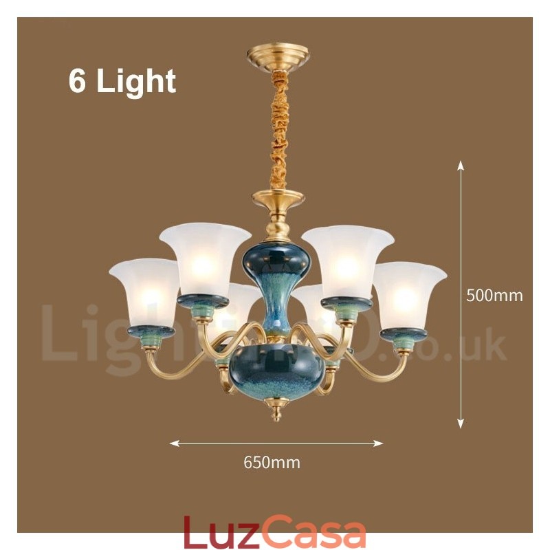 Retro Vintage Latão Cerâmica Pingente Vela Lustre com Tons de Vidro
