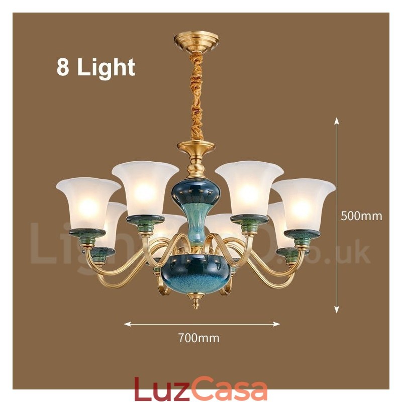Retro Vintage Latão Cerâmica Pingente Vela Lustre com Tons de Vidro