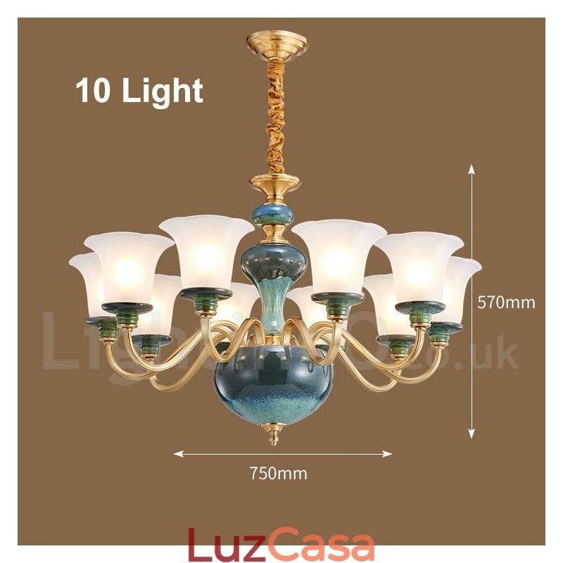 Retro Vintage Latão Cerâmica Pingente Vela Lustre com Tons de Vidro