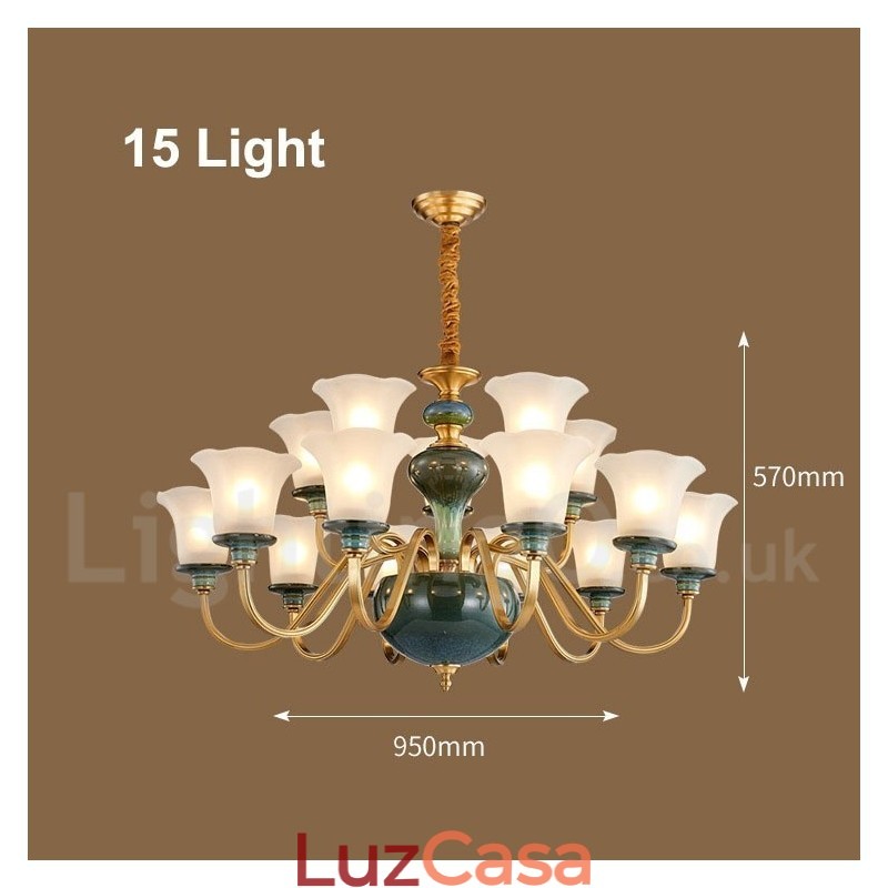 Retro Vintage Latão Cerâmica Pingente Vela Lustre com Tons de Vidro