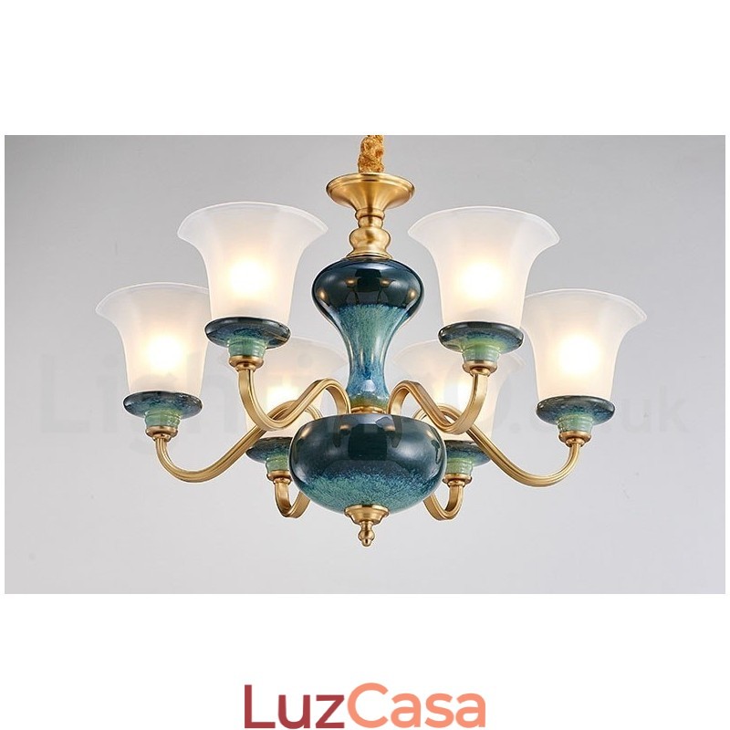 Retro Vintage Latão Cerâmica Pingente Vela Lustre com Tons de Vidro